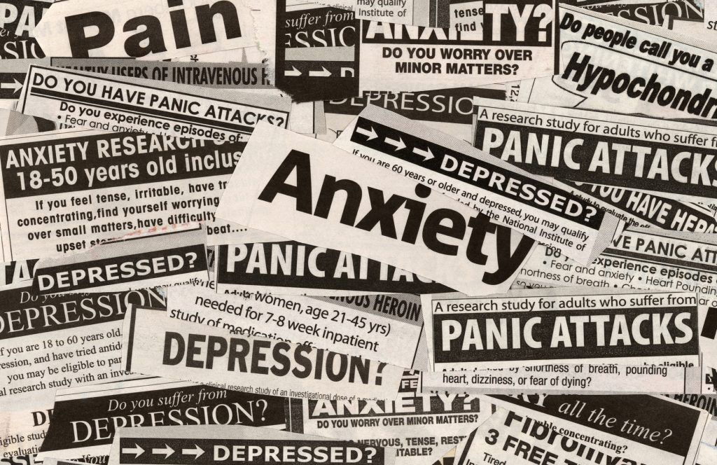Illustration of different types of mental health conditions, including anxiety, depression, bipolar disorder, and schizophrenia.