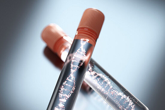 A DNA strand with medical icons symbolizing the genetic influence on drug addiction.