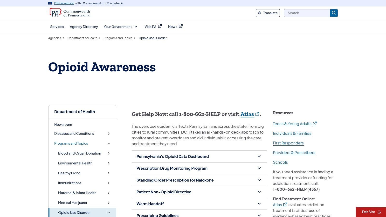 Pennsylvania Department of Health – Opioid Use Disorder Resources