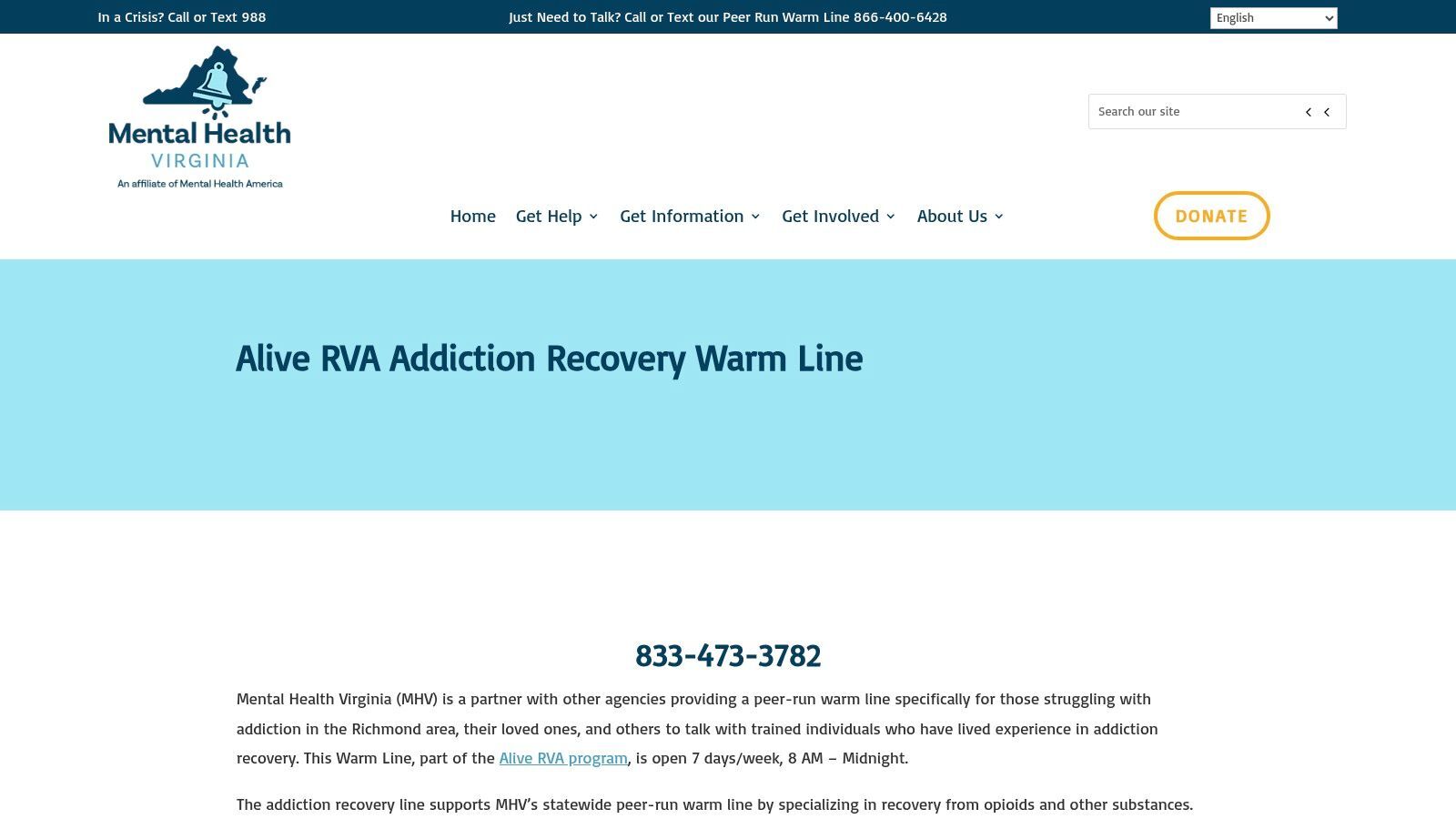 Alive RVA Addiction Recovery Warm Line