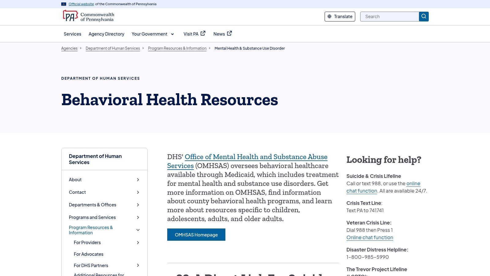 Mental Health & Substance Use Disorder Resources – PA Department of Human Services