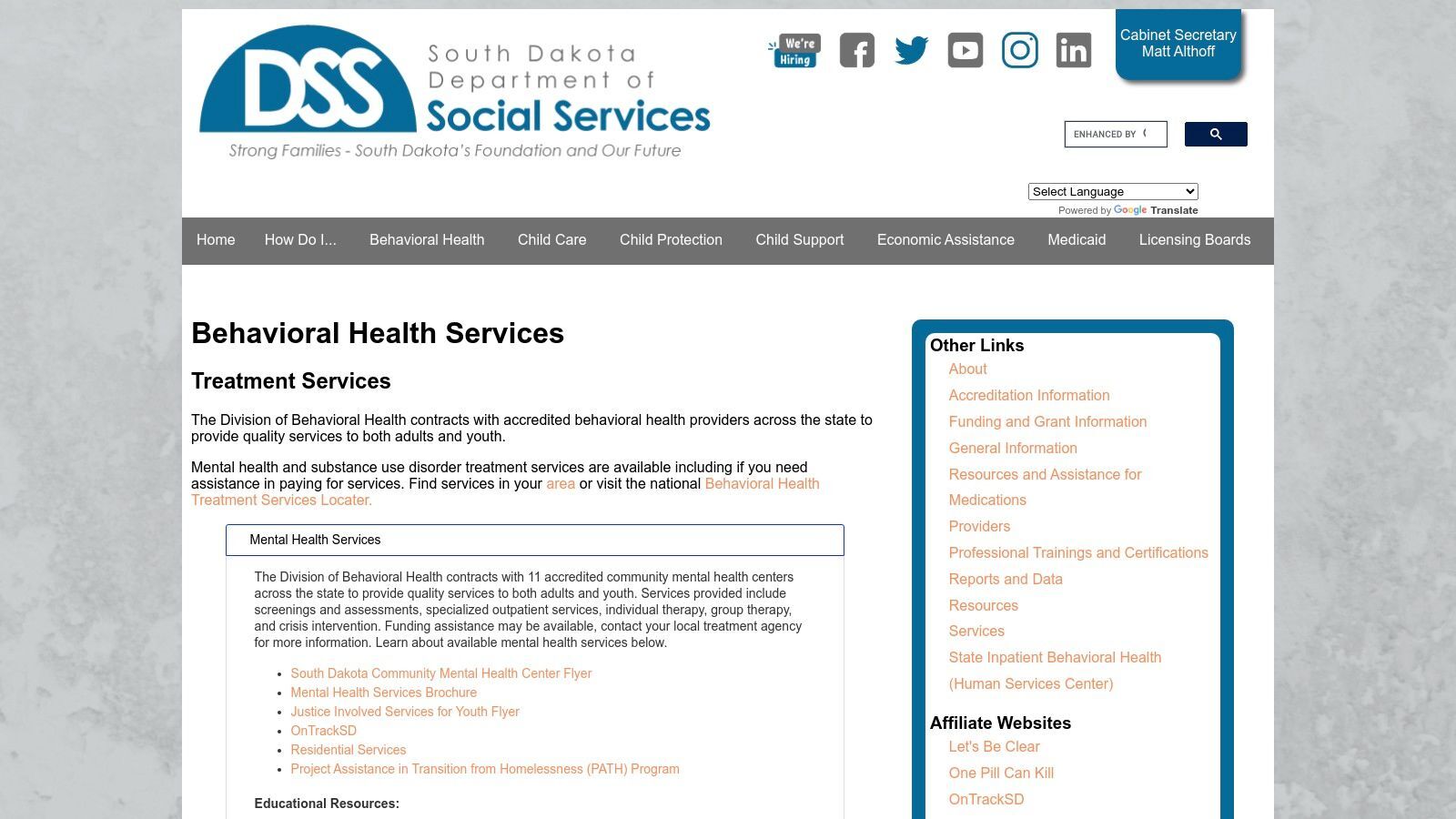 South Dakota Department of Social Services – Behavioral Health Services