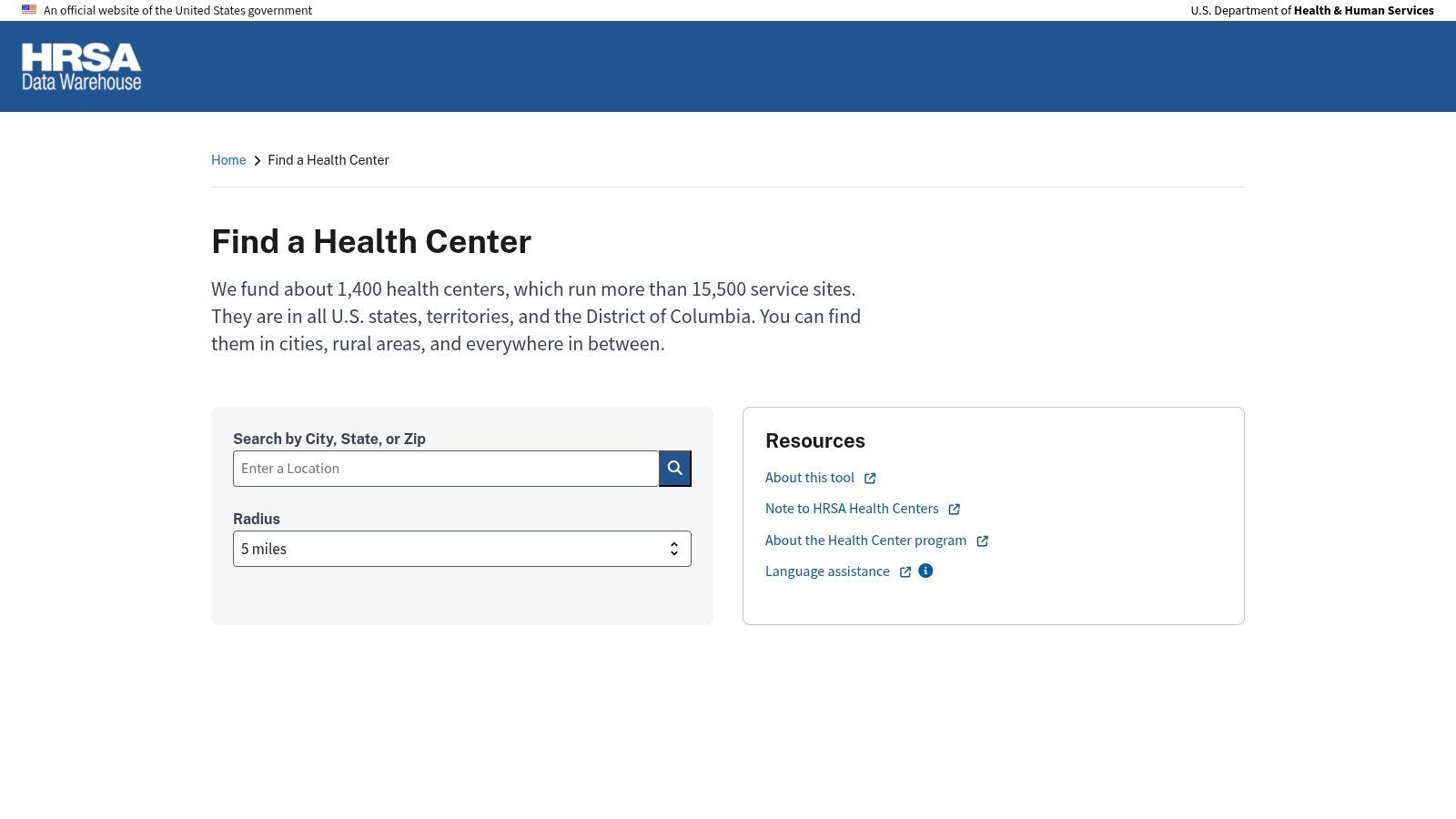 HRSA “Find a Health Center” (Federally Qualified Health Centers)