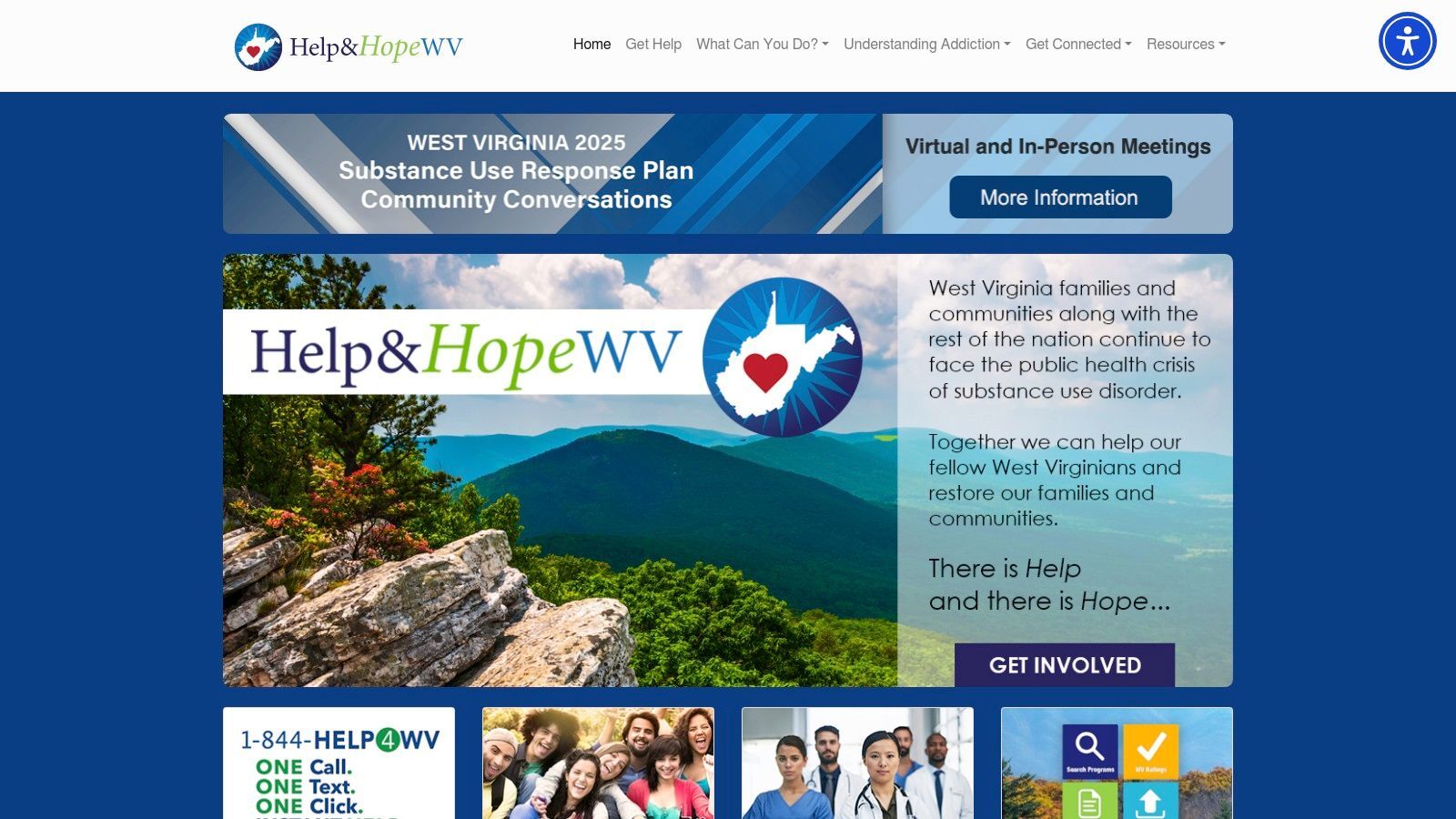 Help & Hope WV website screenshot showing the homepage and navigation menu.