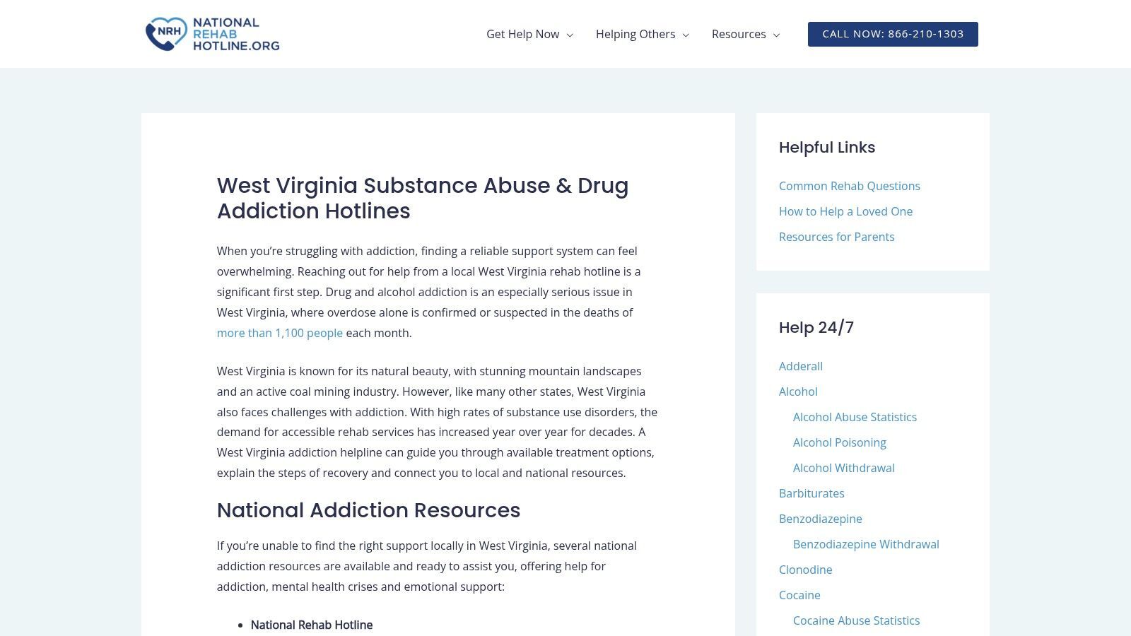 National Rehab Hotline – West Virginia website screenshot showing their contact number and a form.