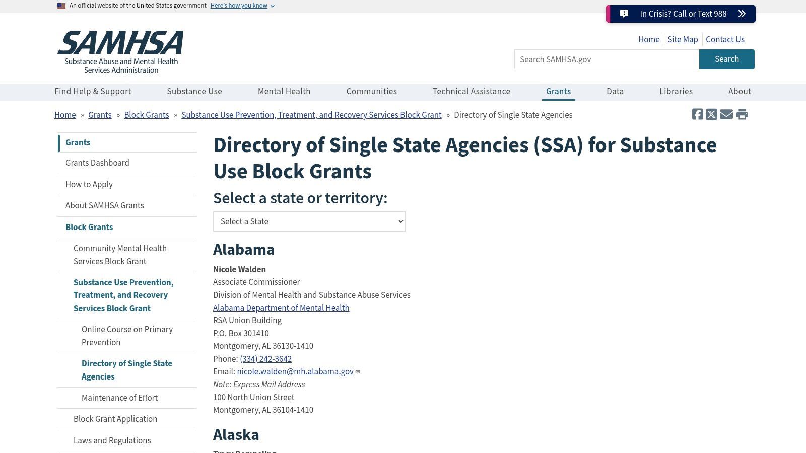 Directory of Single State Agencies (SSAs) for Substance Use Services (SAMHSA)