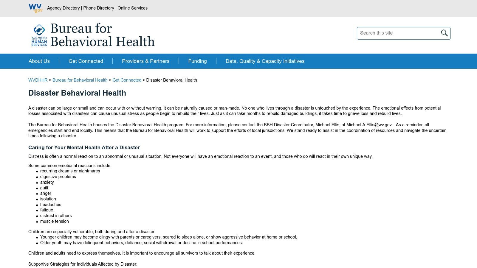 West Virginia Department of Health and Human Resources – Disaster Behavioral Health website screenshot showing resource links.