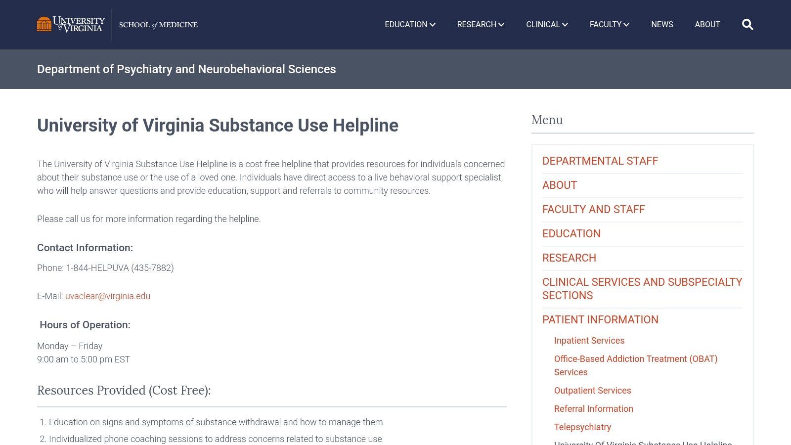 University of Virginia Substance Use Helpline