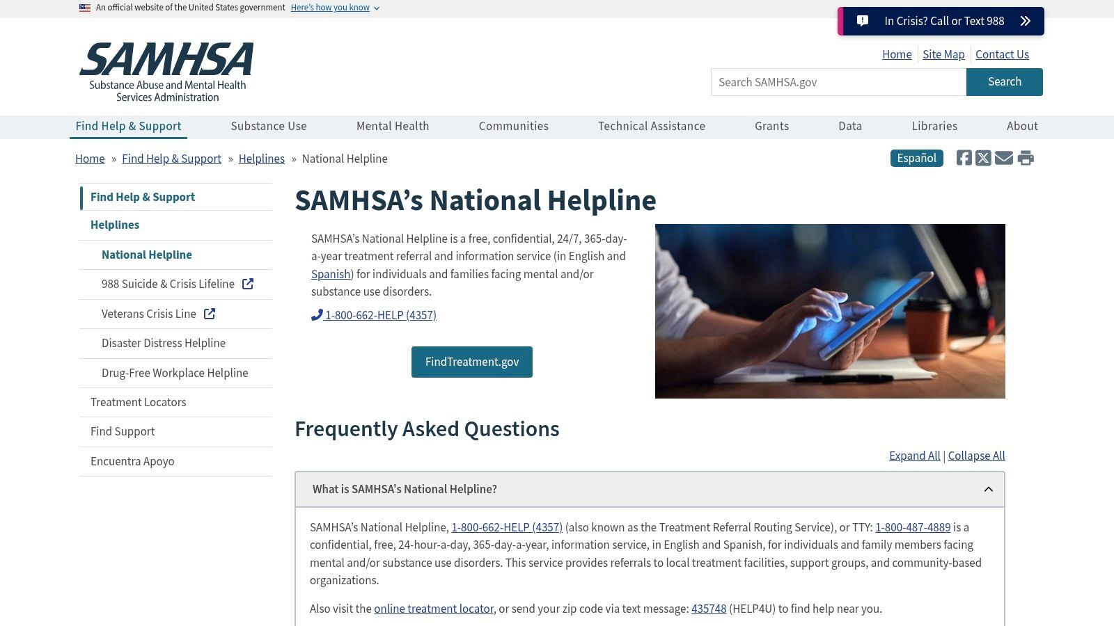Substance Abuse and Mental Health Services Administration (SAMHSA) National Helpline